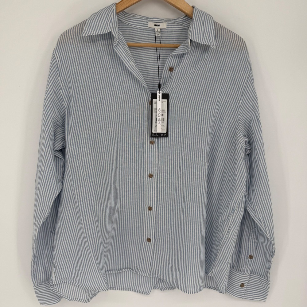 Mavi Button Down Shirt Women Blue White Striped Preppy Coastal Linen Large
